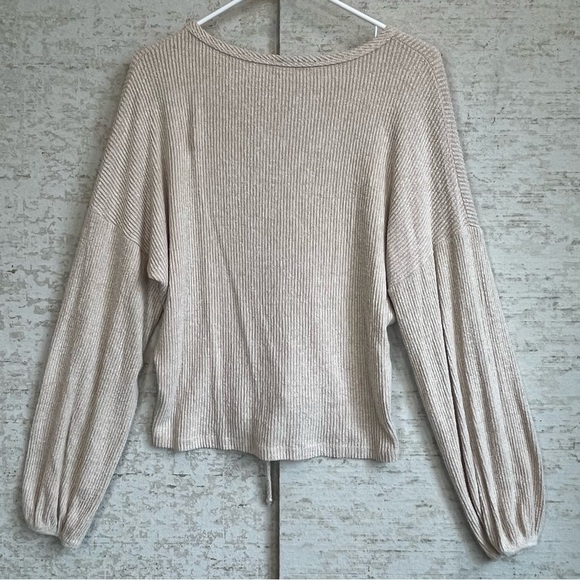 Final Touch Oatmeal Knit Top Sz Large Ruched Front w/ Cinch Tie Stretchy Boho - Picture 10 of 15